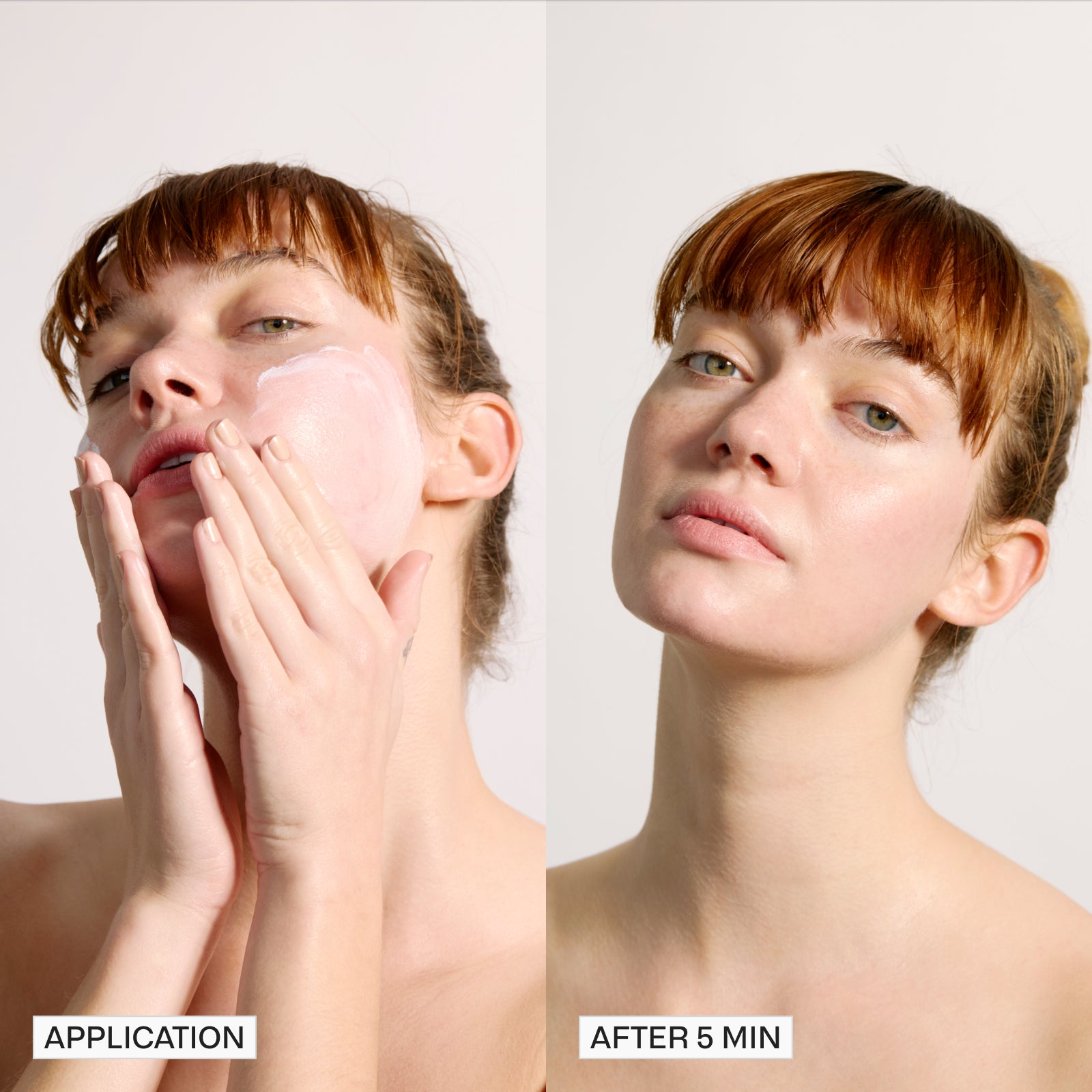 Split image showcasing a woman during and after applying Peak Performance SPF50 from Freaks of Nature Skincare, which features vegan spider silk protein. Left: she applies the cream to her face; right: her skin appears clean and fresh after 5 minutes. Labels read "APPLICATION" and "AFTER 5 MIN." for this innovative formula.