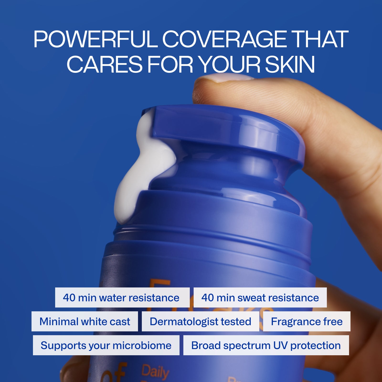 A hand holds a blue bottle of Freaks of Nature Skincare's Daily Defender SPF30 sunscreen, with white lotion visible on the pump. Text highlights its features: 40-minute water and sweat resistance, minimal white cast, dermatologist tested, fragrance-free, supports the microbiome, and provides Broad Spectrum SPF protection. Perfect for daily use with vegan squalane assurance.