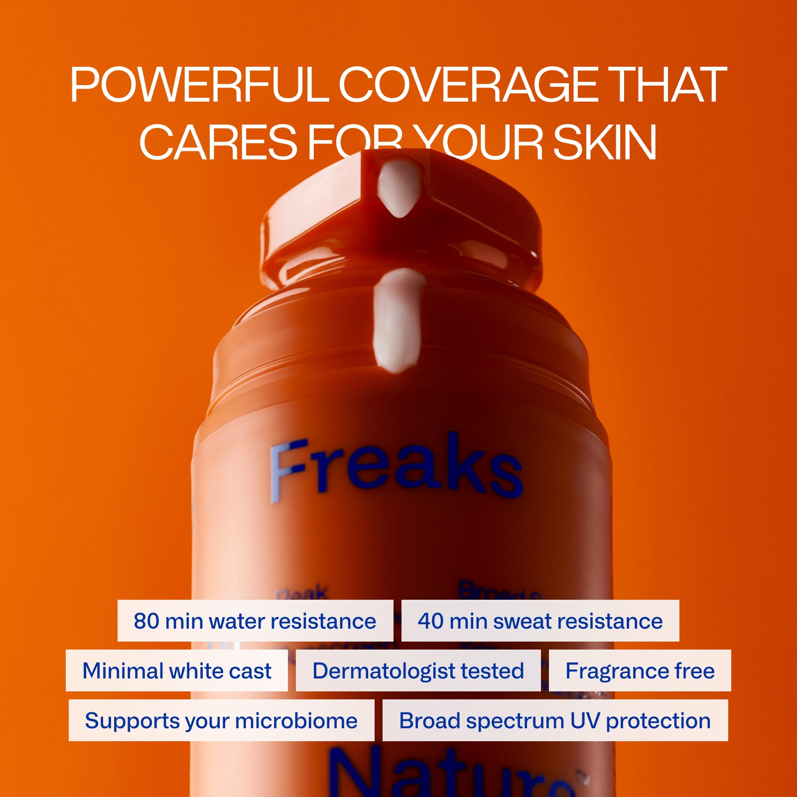 A Peak Performance SPF50 bottle from Freaks of Nature Skincare rests against an orange backdrop, highlighting its 80-minute water resistance and 40-minute sweat resistance. It offers minimal white cast, is dermatologist-tested, features a fragrance-free formula, and provides broad spectrum SPF protection with vegan spider silk protein for enhanced shielding.