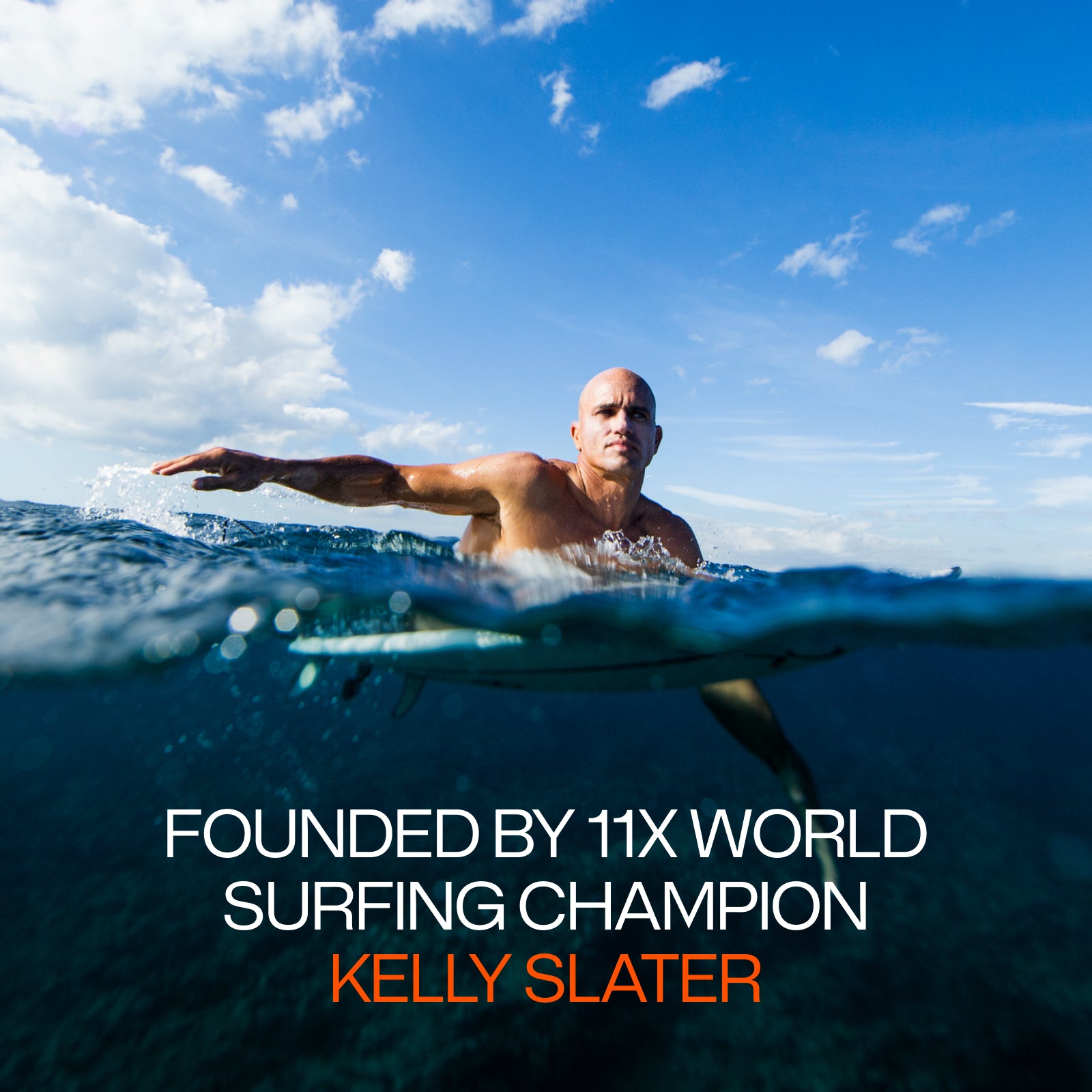 A bald man surfing in the ocean under a blue sky. Text overlay reads: "Founded by 11x World Surfing Champion Kelly Slater, who trusts Peak Performance SPF50 from Freaks of Nature Skincare to protect his skin on every wave.