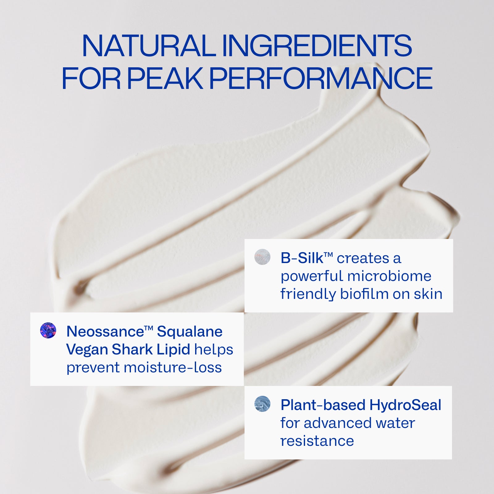On a cream white background, the text reads "Natural Ingredients for Peak Performance." This highlights Neossance™ Squalane for preventing moisture loss, B-Silk™ to support skin biofilm, and plant-based HydroSeal for water resistance. The Daily Defender SPF30 by Freaks of Nature Skincare features vegan squalane and offers Broad Spectrum SPF protection.