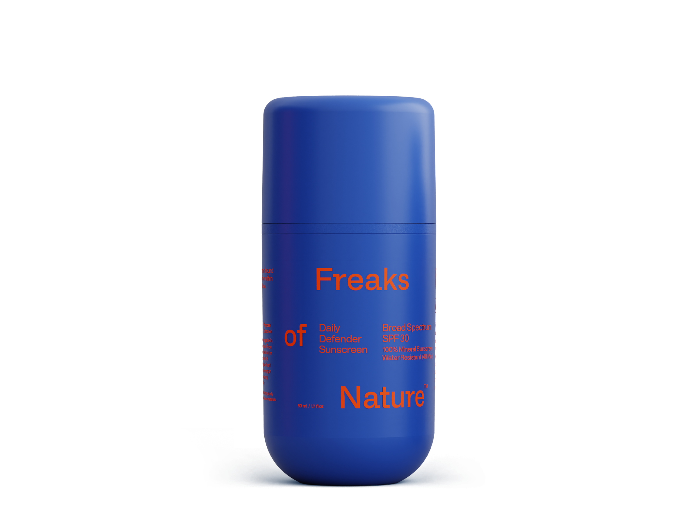 A blue cylindrical container of Freaks of Nature Skincare Daily Defender SPF30. The product label features orange text and includes details like "Broad Spectrum SPF 50" and "with Moisturizer." Infused with non-nano zinc for extra protection.
