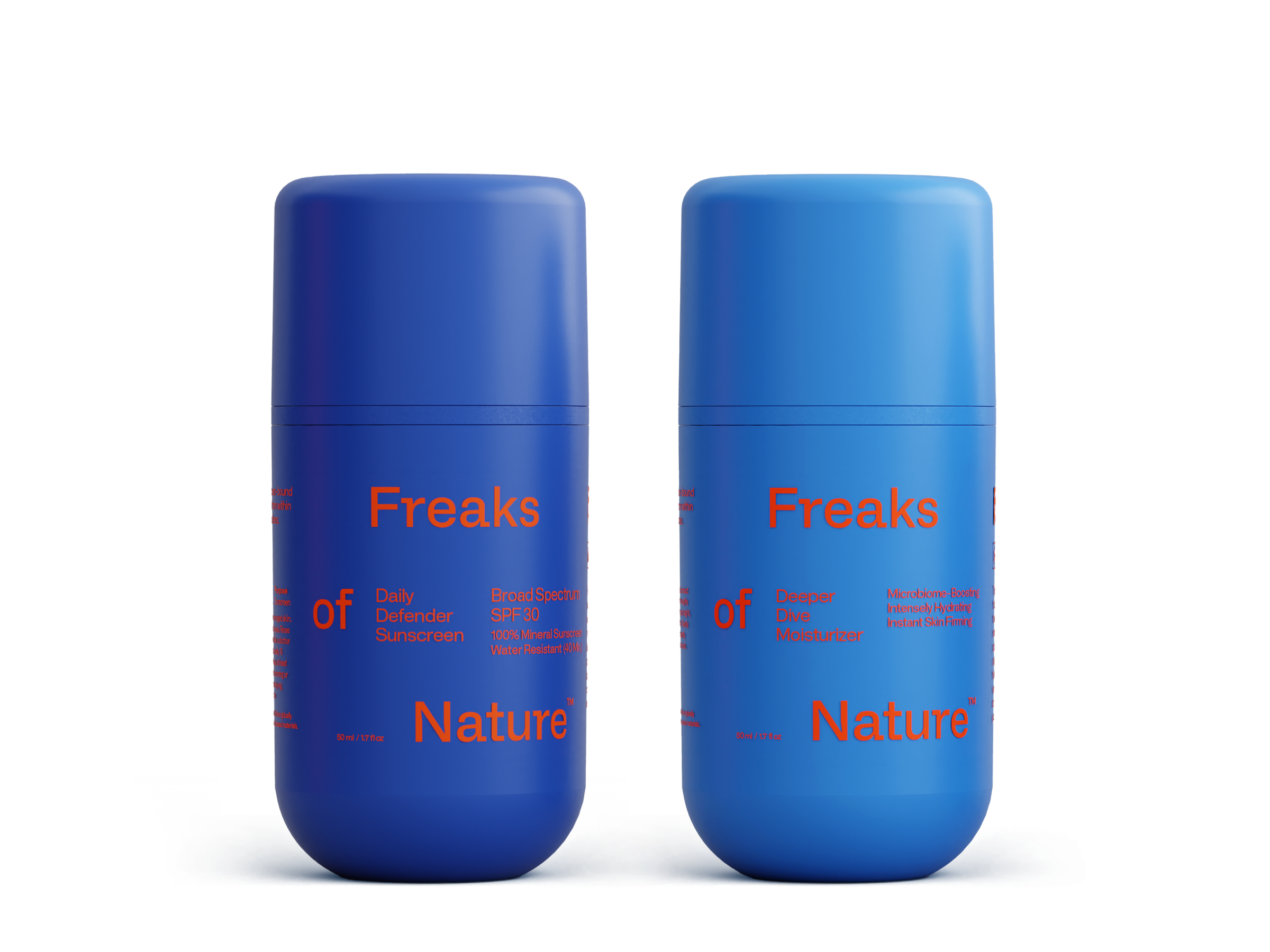 Two blue cylindrical bottles with rounded caps stand side by side. The left bottle, labeled "Daily System," and the right one, labeled "Daily System," feature "Freaks of Nature Skincare" in bold orange text. Each product incorporates vegan Squalane for an eco-friendly touch.