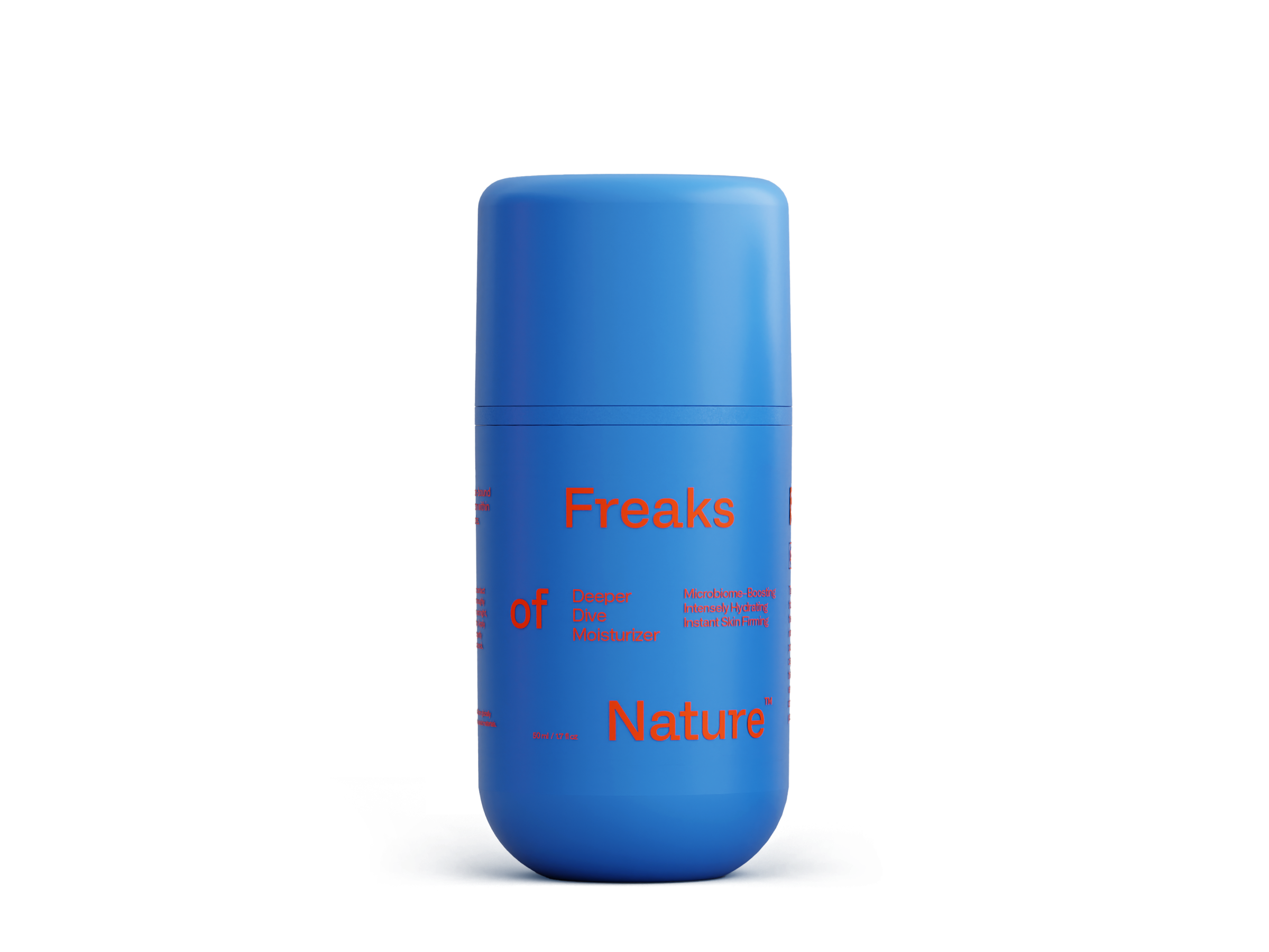 A blue cylindrical bottle with red text on it. The text includes partial words like "Nature" and "Freaks," along with other text elements that are not fully visible or cut off. This minimalist design houses the Deeper Dive Moisturizer enriched with vegan shark squalane, perfect for microbiome-balancing care from Freaks of Nature Skincare.