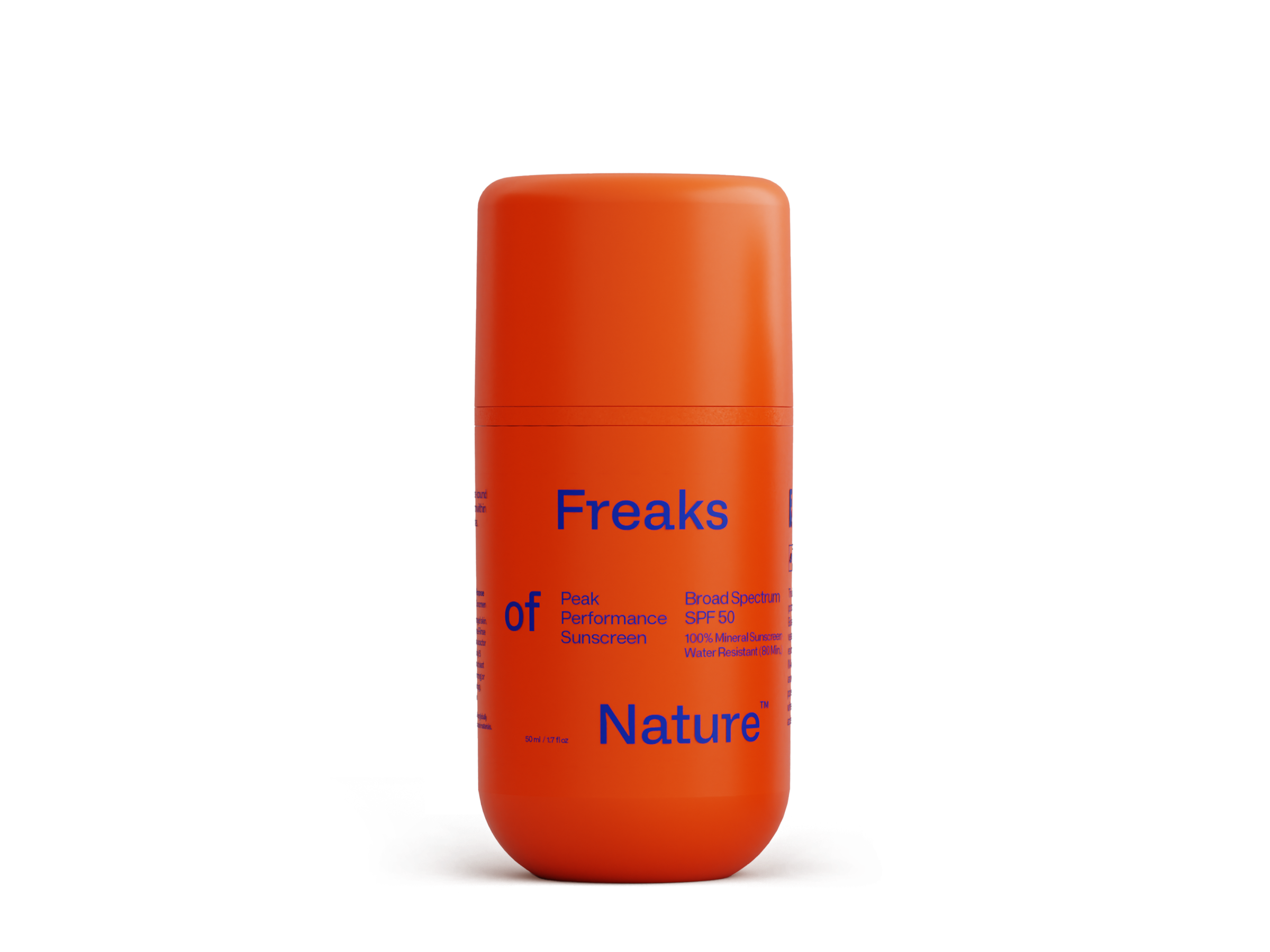 An orange bottle of sunscreen labeled "Freaks of Nature Skincare." The text on the bottle highlights that it is Peak Performance SPF50, offering high performance and water resistance, and includes vegan spider silk protein to protect against environmental stressors.