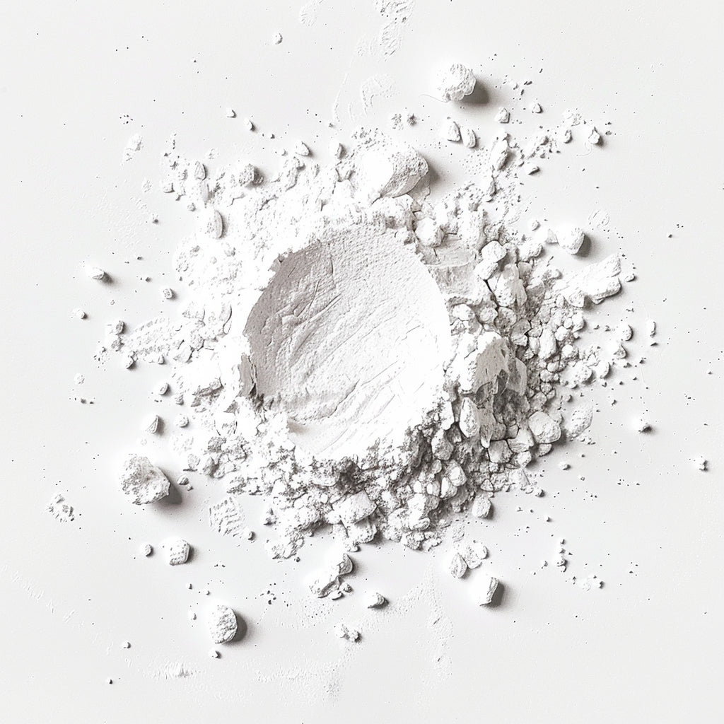 A pile of fine white powder is scattered on a clean white surface. The powder is loosely compacted in the center with smaller fragments and dust radiating outward in an irregular pattern.
