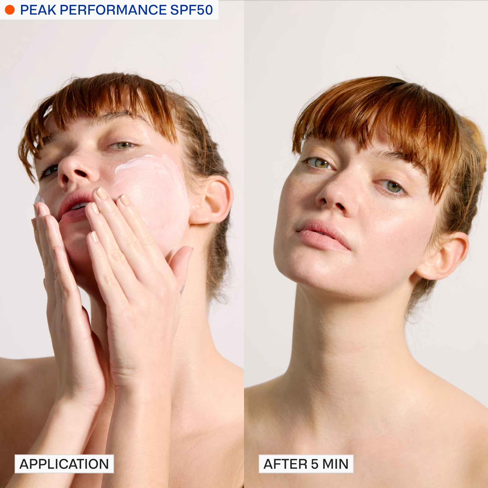 Split image showing a woman applying Endurance System SPF50 cream from Freaks of Nature Skincare. Left: She smooths it onto her cheek. Right: Five minutes later, her skin looks smooth and radiant, thanks to the microbiome-balancing formula. Text at the top says "PEAK PERFORMANCE SPF50.