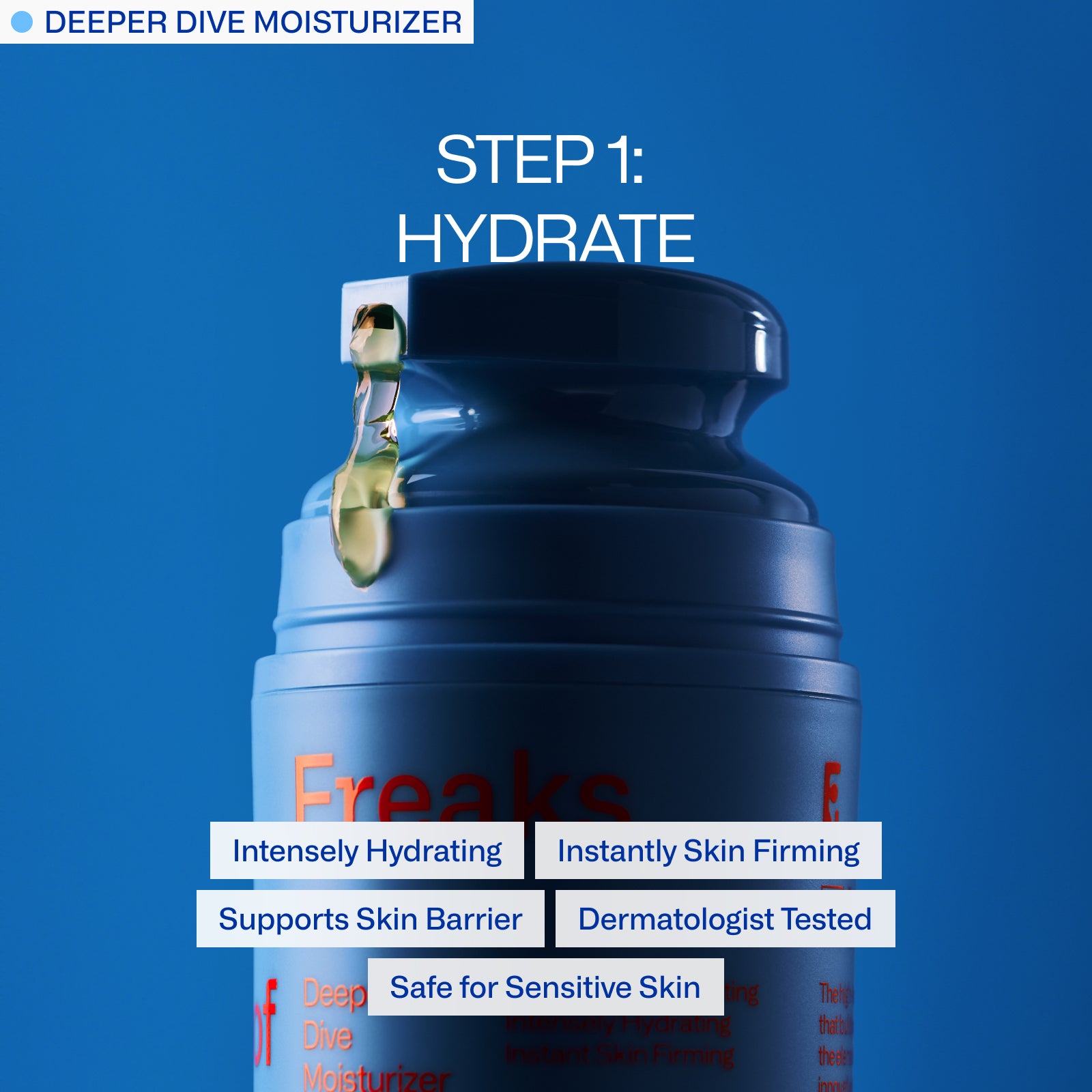 A blue bottle of "Endurance System" from Freaks of Nature Skincare, featuring a droplet of product on the cap. Text includes: "Step 1: Hydrate," "Intensely Hydrating," "Instantly Skin Firming," and "Supports Skin Barrier." This dermatologist-tested formula balances the microbiome and is safe for sensitive skin.