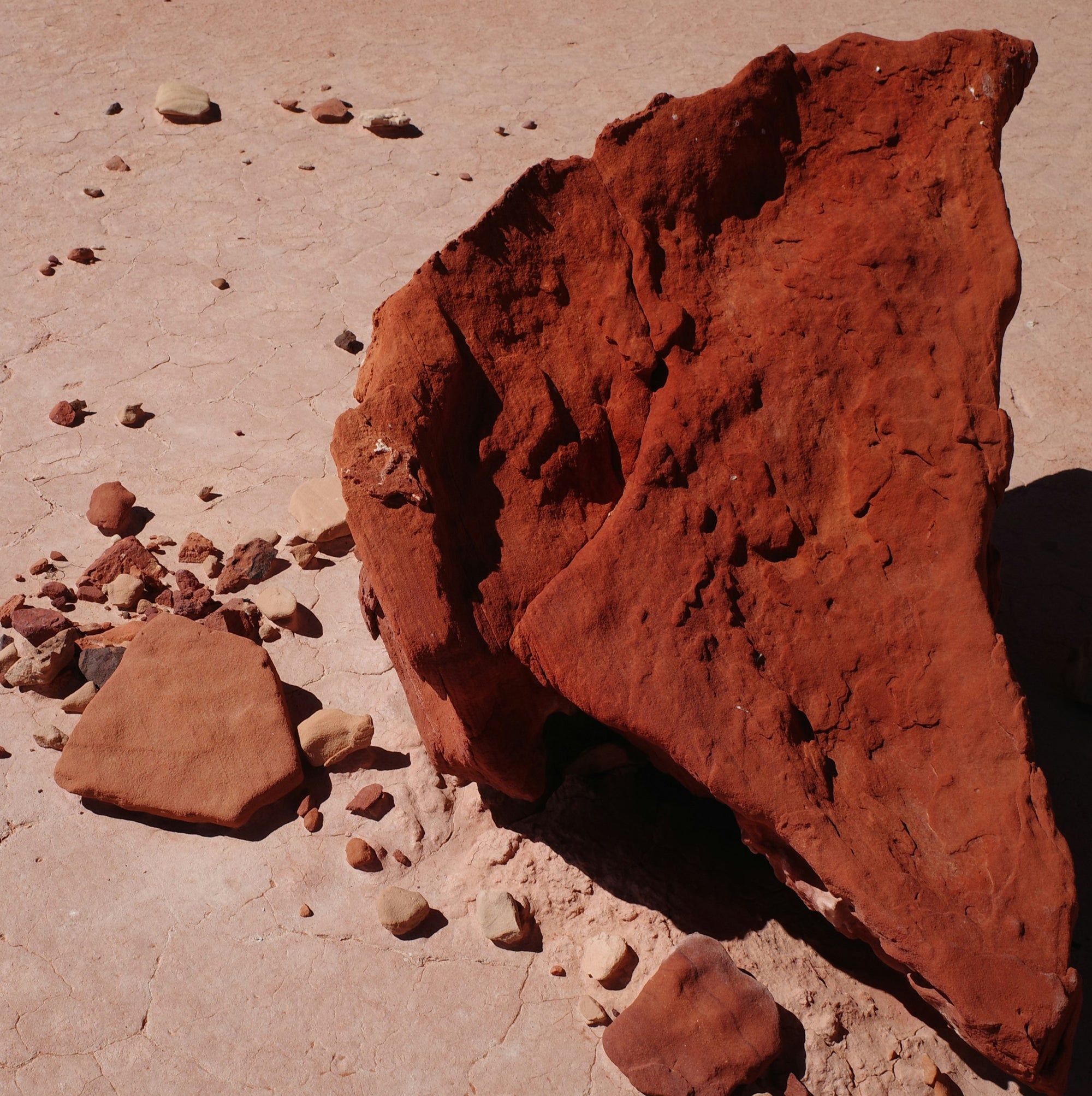 A large, jagged piece of reddish-brown rock lies on a cracked, dry ground under direct sunlight. Smaller rock fragments are scattered around the main rock, contributing to a stark desert landscape.